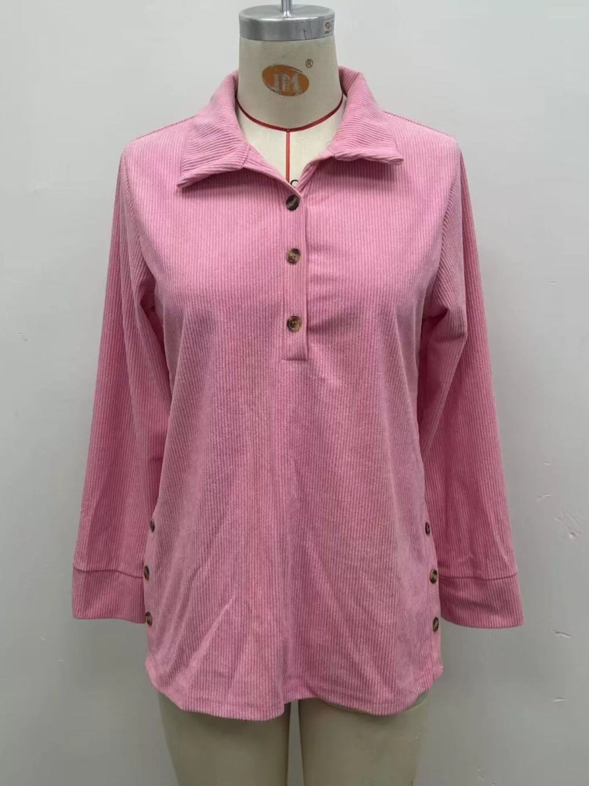 Full Size Button Detail Long Sleeve Top Plus Size - Dusty Pink - View 2