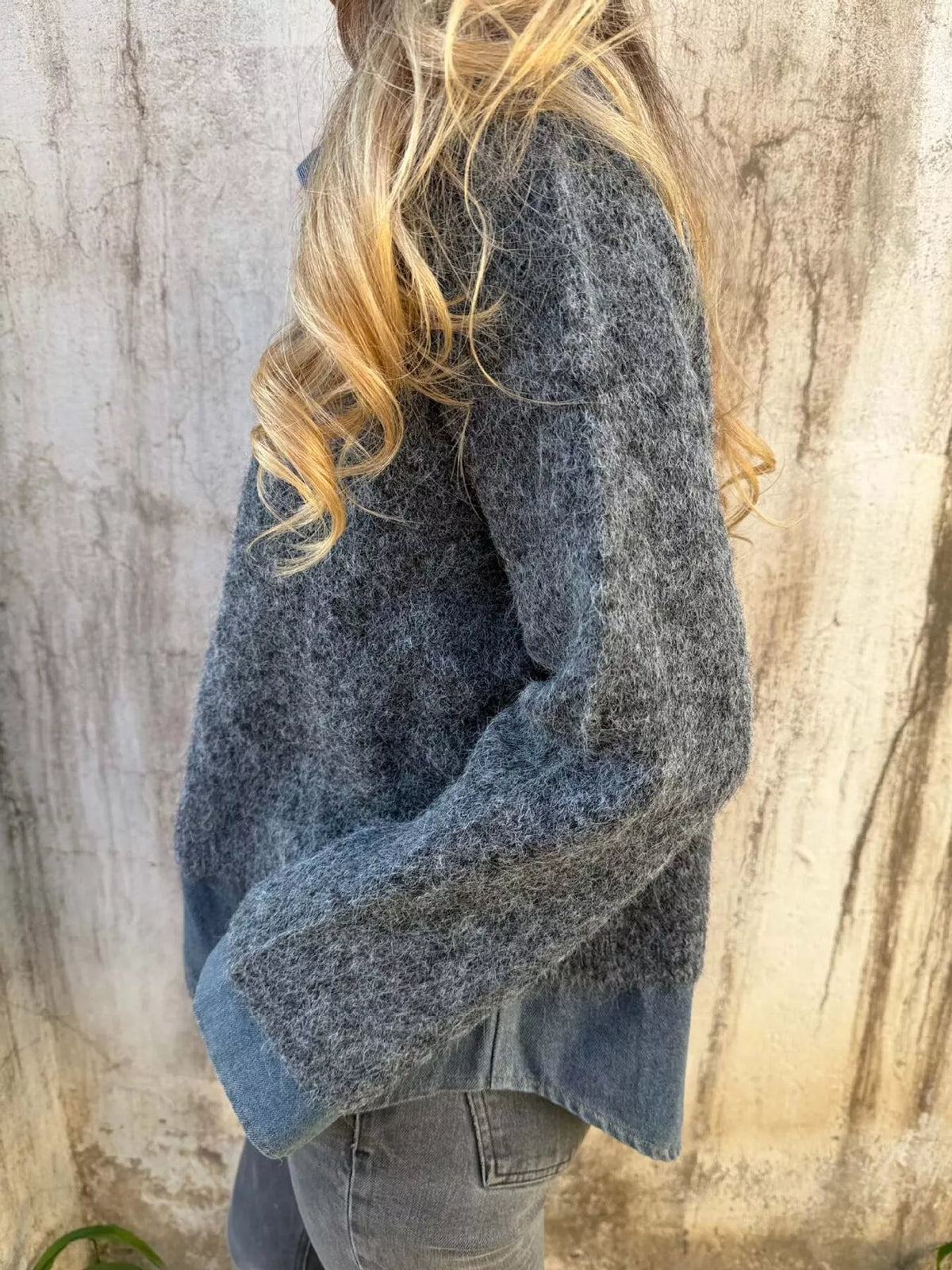 Contrast Denim Collar Half-Zip Knit Sweater - Dark Gray - View 2