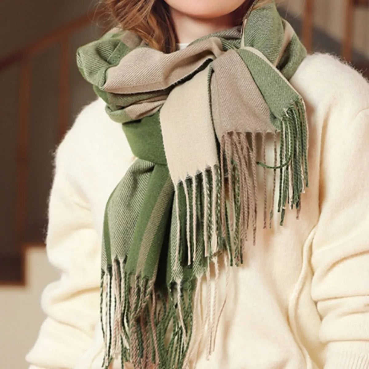 Plaid Fringe Scarf - Green - View 4