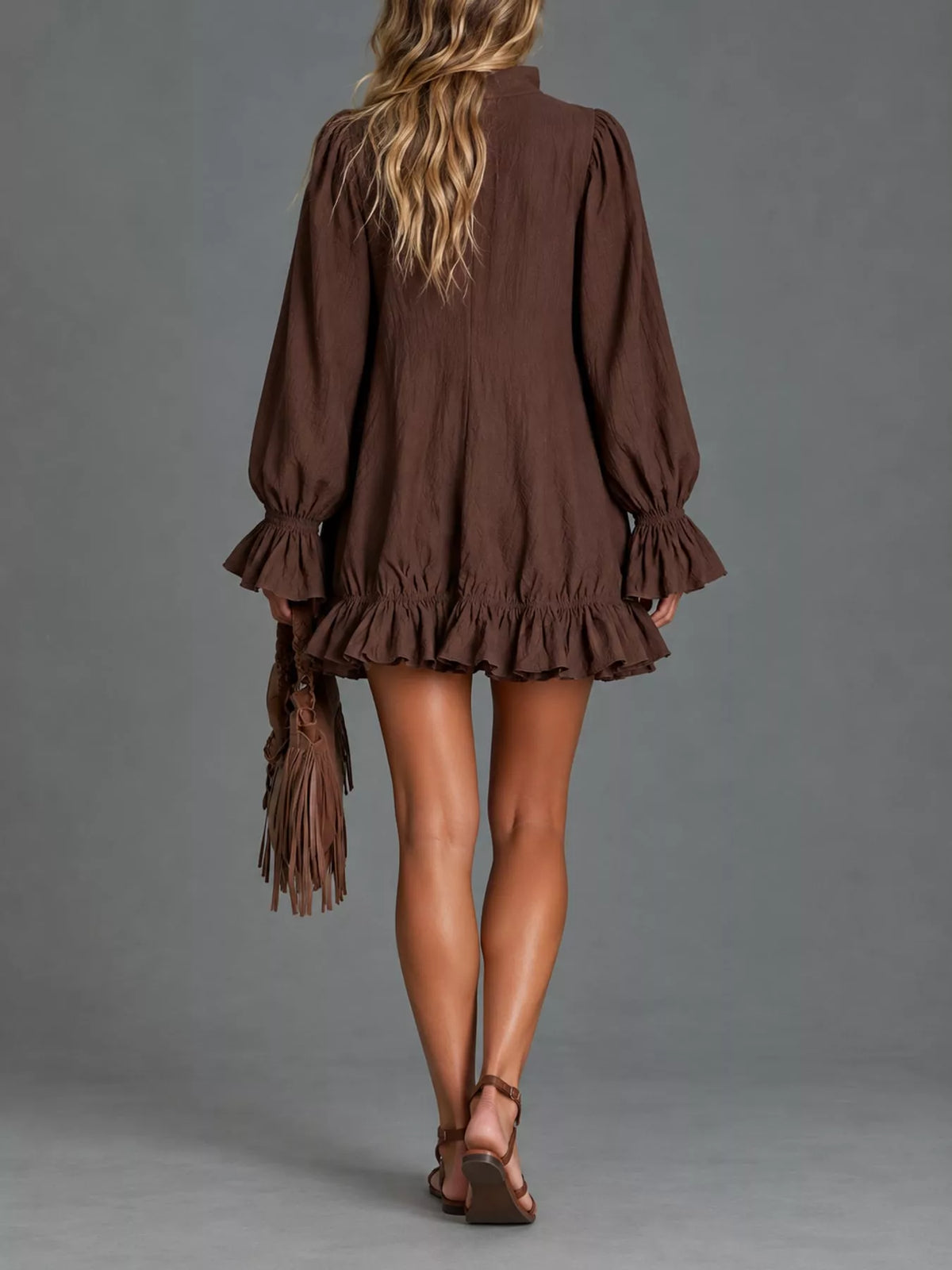 Zipper-Front Ruffle Hem Mini Dress - Brown - View 38