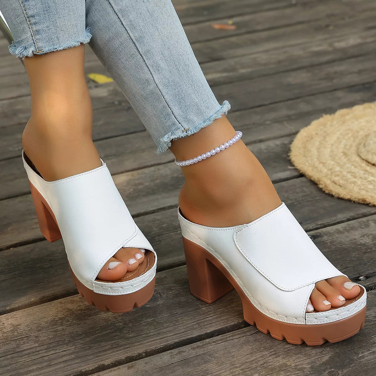 Peep Toe Block Heels Sandals - White - View 11