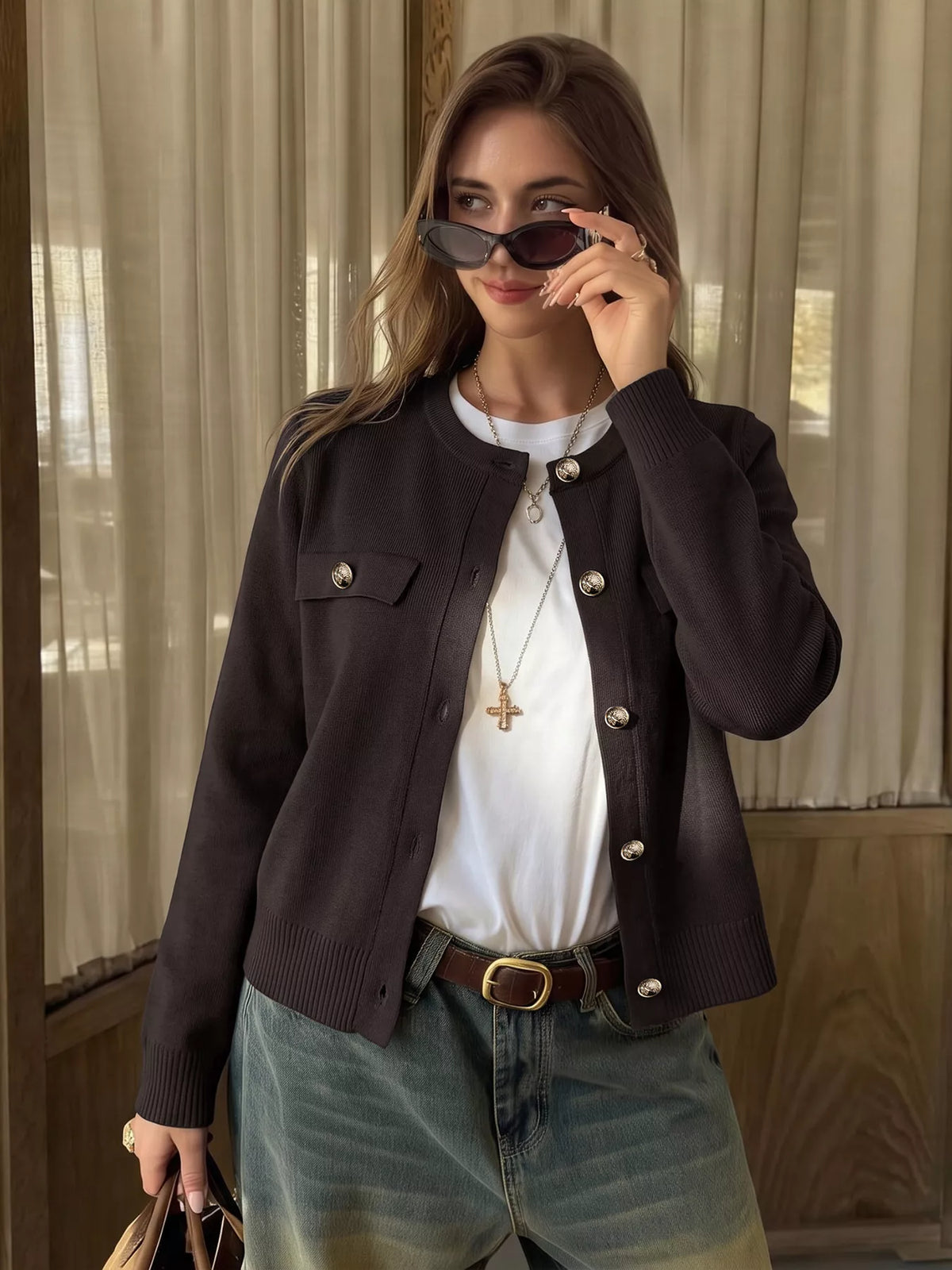 Button Down Long Sleeve Cardigan - Coffee Brown - View 3