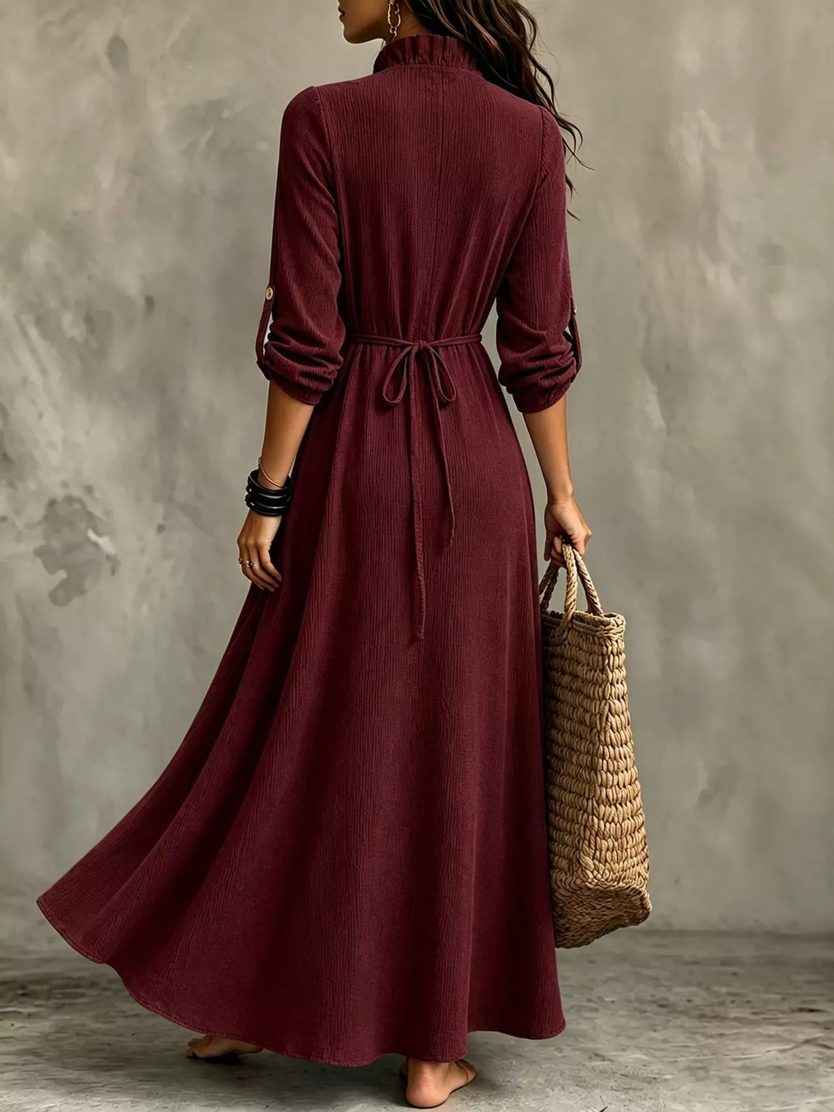 Full Size Frill Roll-Up Sleeve Maxi Dress Plus Size - Wine Red - View 16
