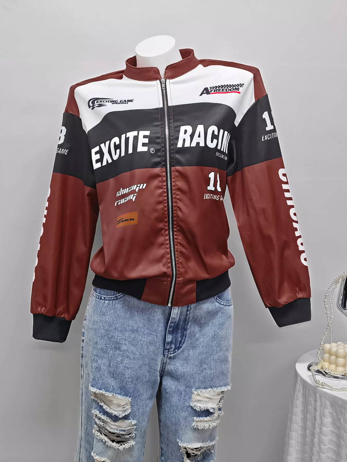 Letter Print Zip Up Jacket - Wine Red - View 3