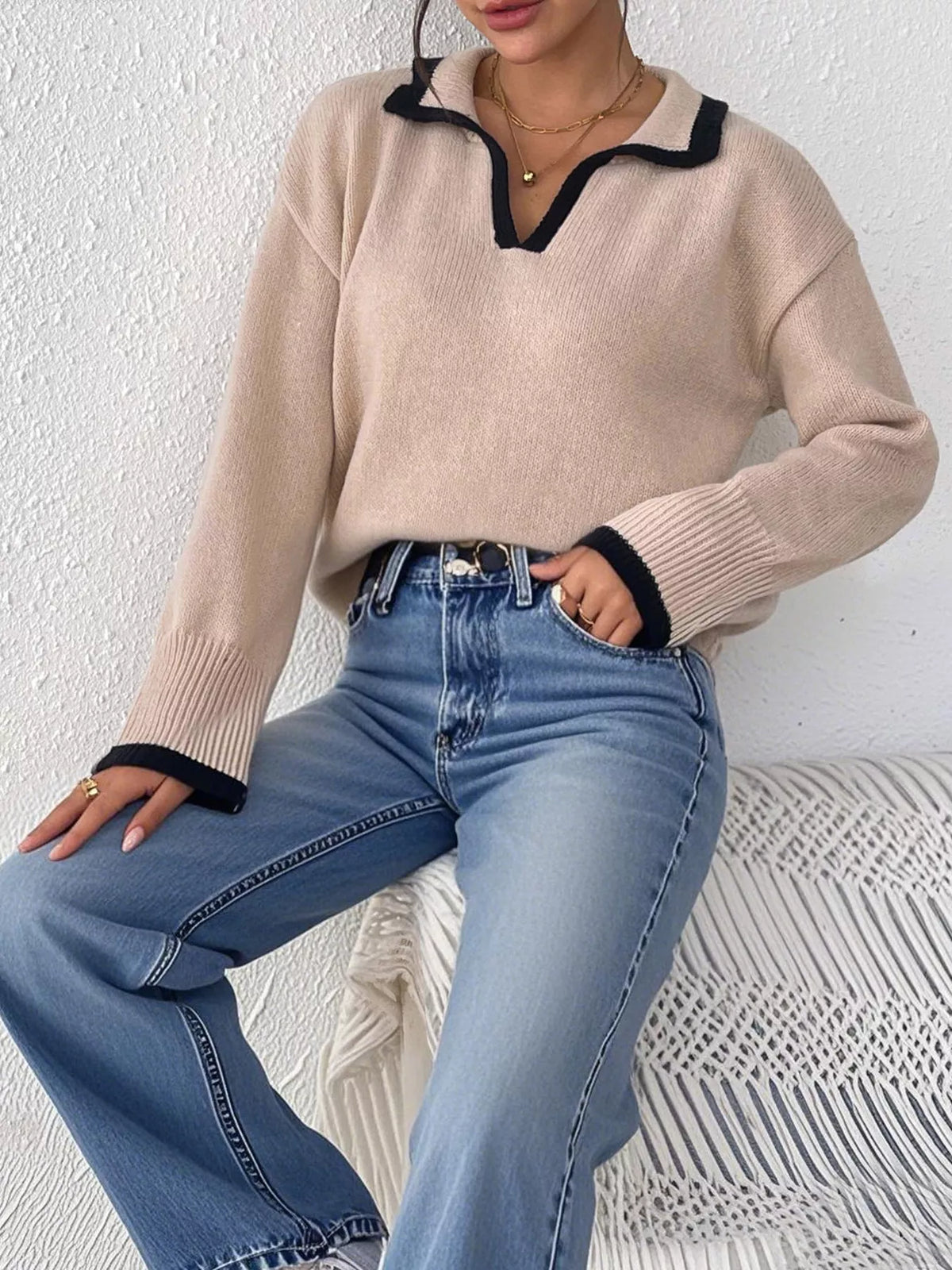 Contrast Trim Polo Collar Sweater - Khaki - View 2