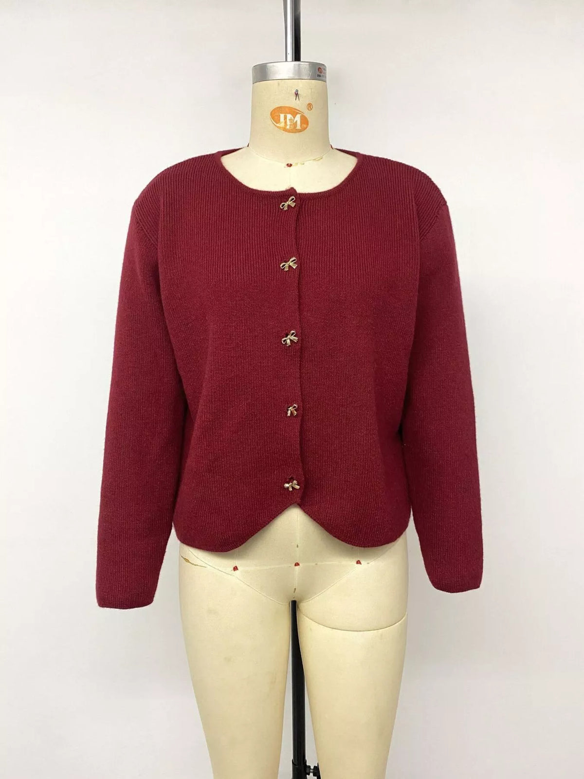 Bow Button Up Knit Cardigan - Burgundy - View 13