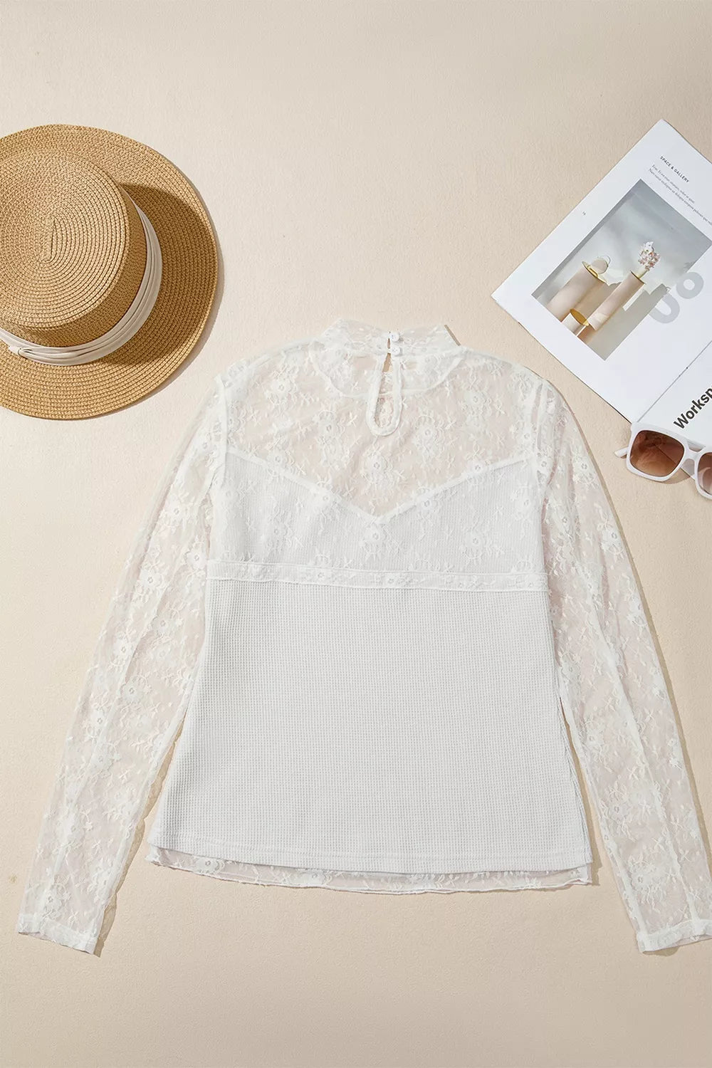 Lace Mesh Long Sleeve Top - White - View 6