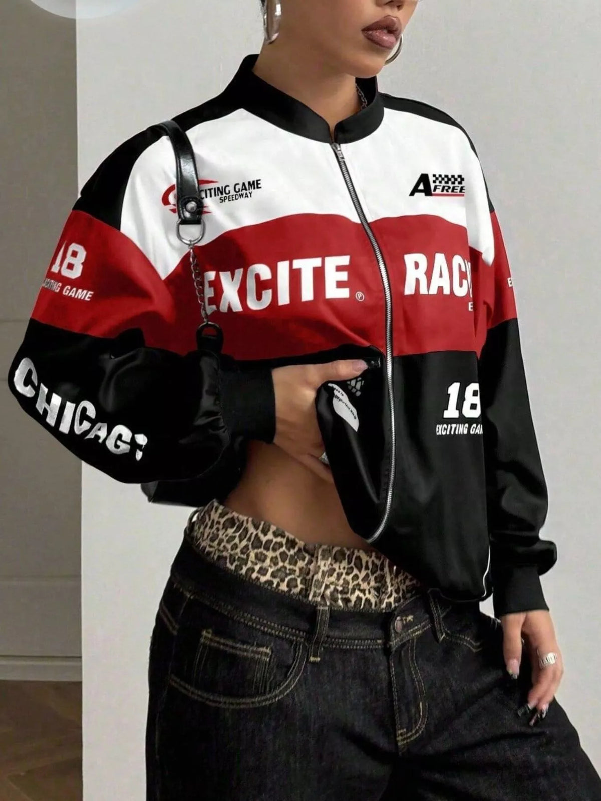 Letter Print Zip Up Jacket - Black - View 2