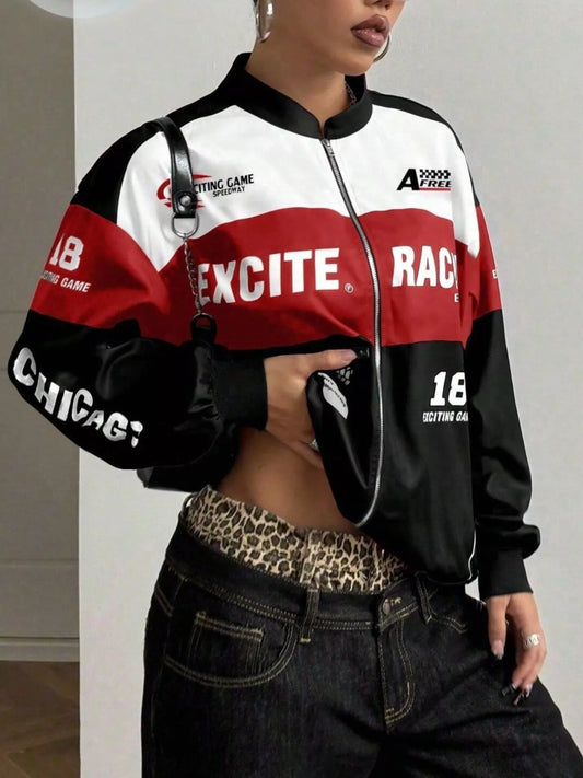 Letter Print Zip Up Jacket - Black - View 2