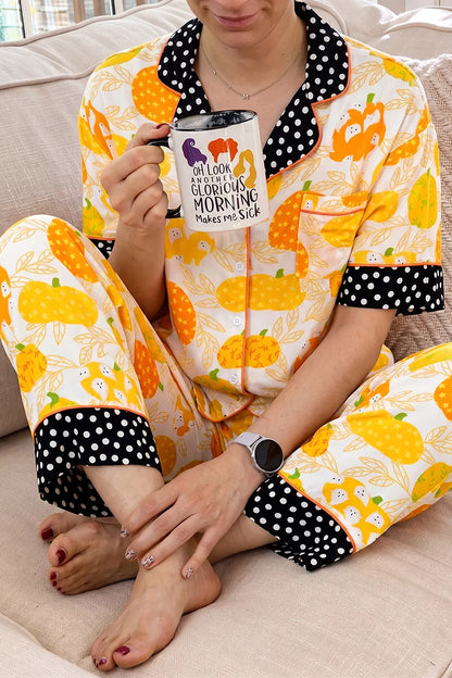 Short Sleeve Pumpkin Print Polka Dot Trim Pocket Placket Lounge Set - Sherbet - View 3