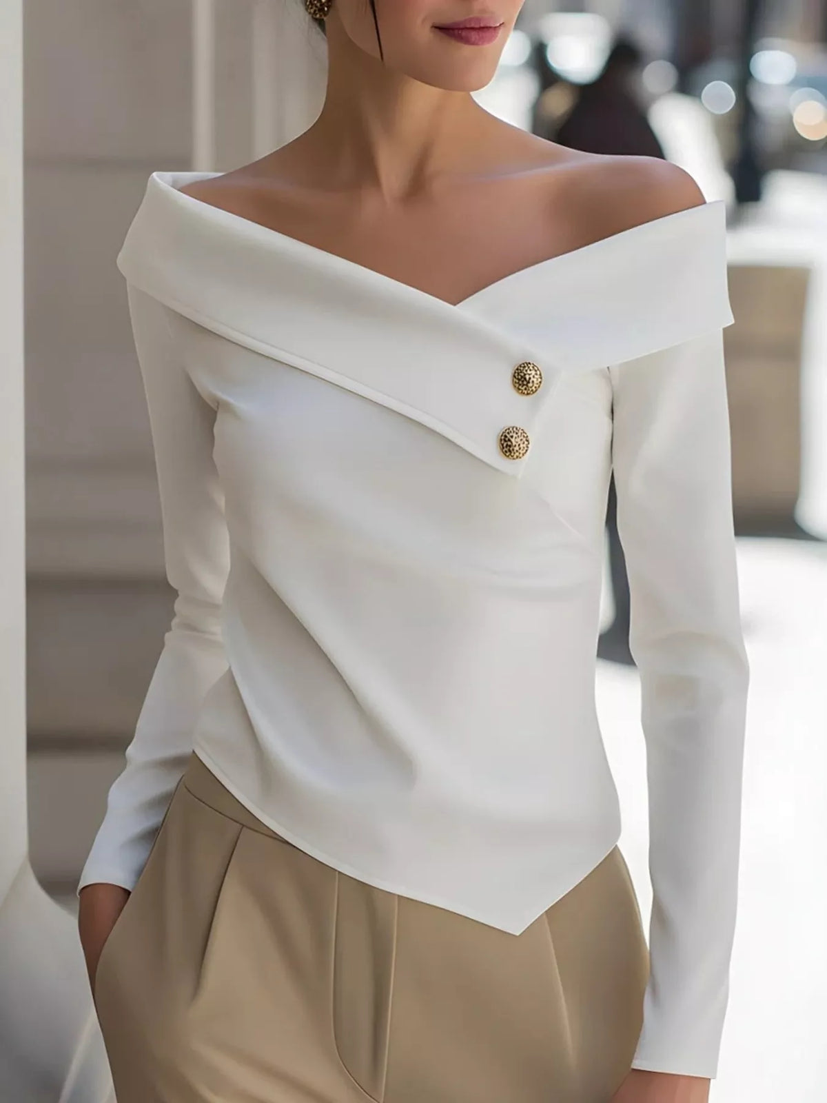 Off-Shoulder Button Decor Blouse - White - View 1