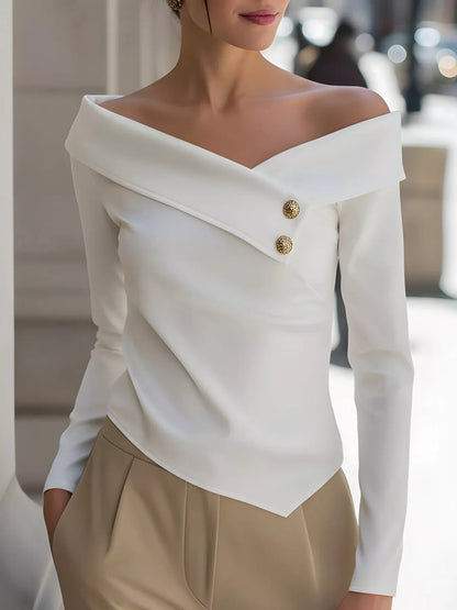 Off-Shoulder Button Decor Blouse - White - View 1