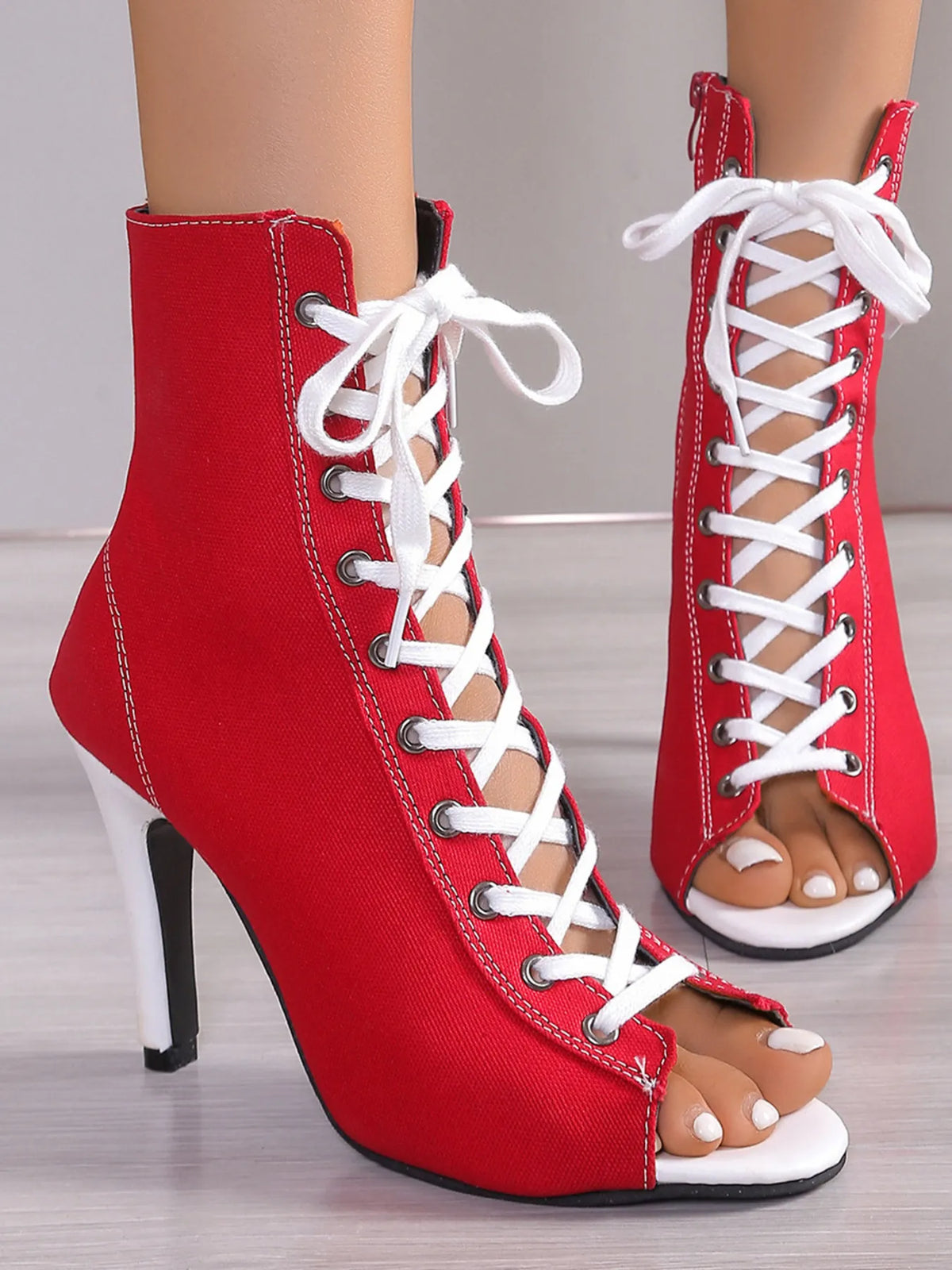 Canvas Lace-Up Peep Toe Stiletto Ankle Boots - Red - View 1