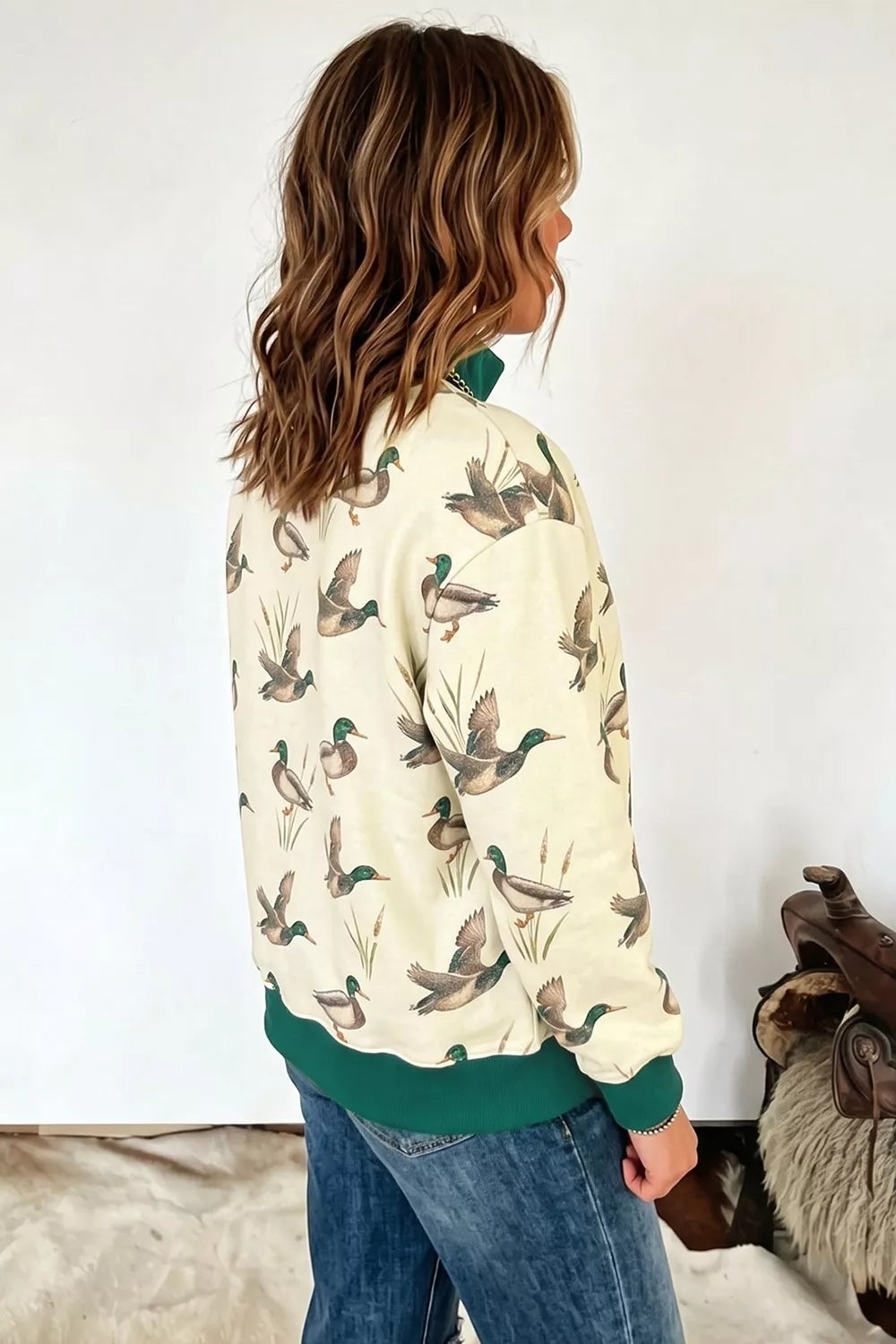 Duck Print Mock Neck Sweatshirt - Beige - View 2