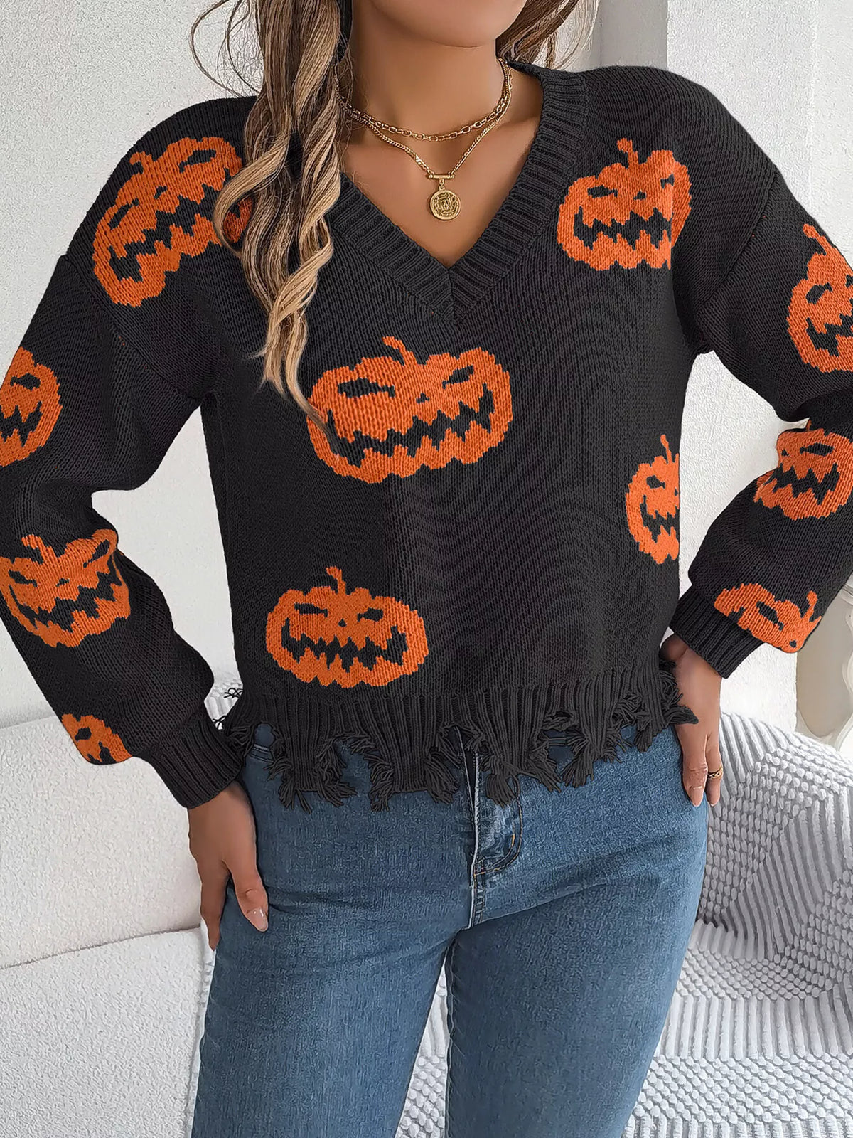 Pumpkin Distressed Hem Sweater - Black - View 3