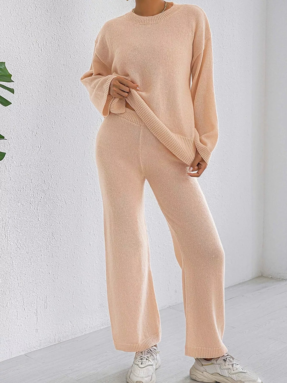 Dropped Shoulder Top and Pants Sweater Set - Apricot Suit - View 2