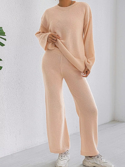 Dropped Shoulder Top and Pants Sweater Set - Apricot Suit - View 2