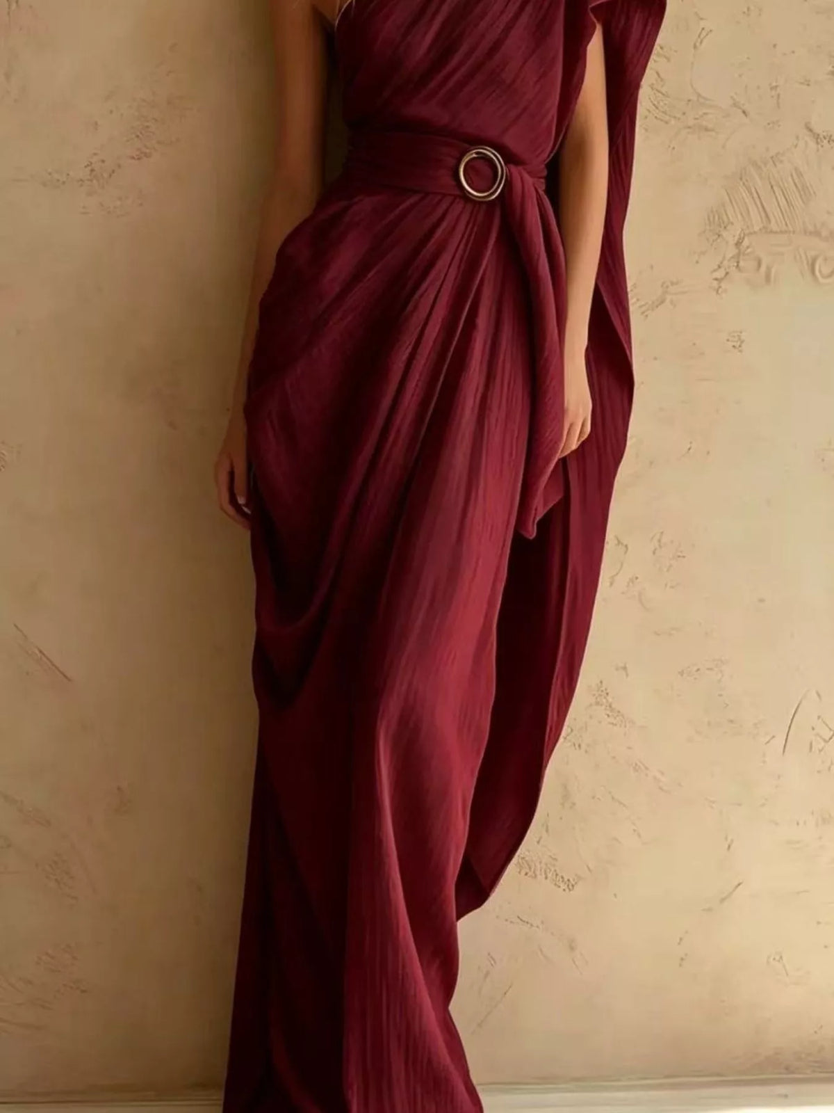One-Shoulder Draped Maxi Dress with Waist Buckle - Burgundy - View 2