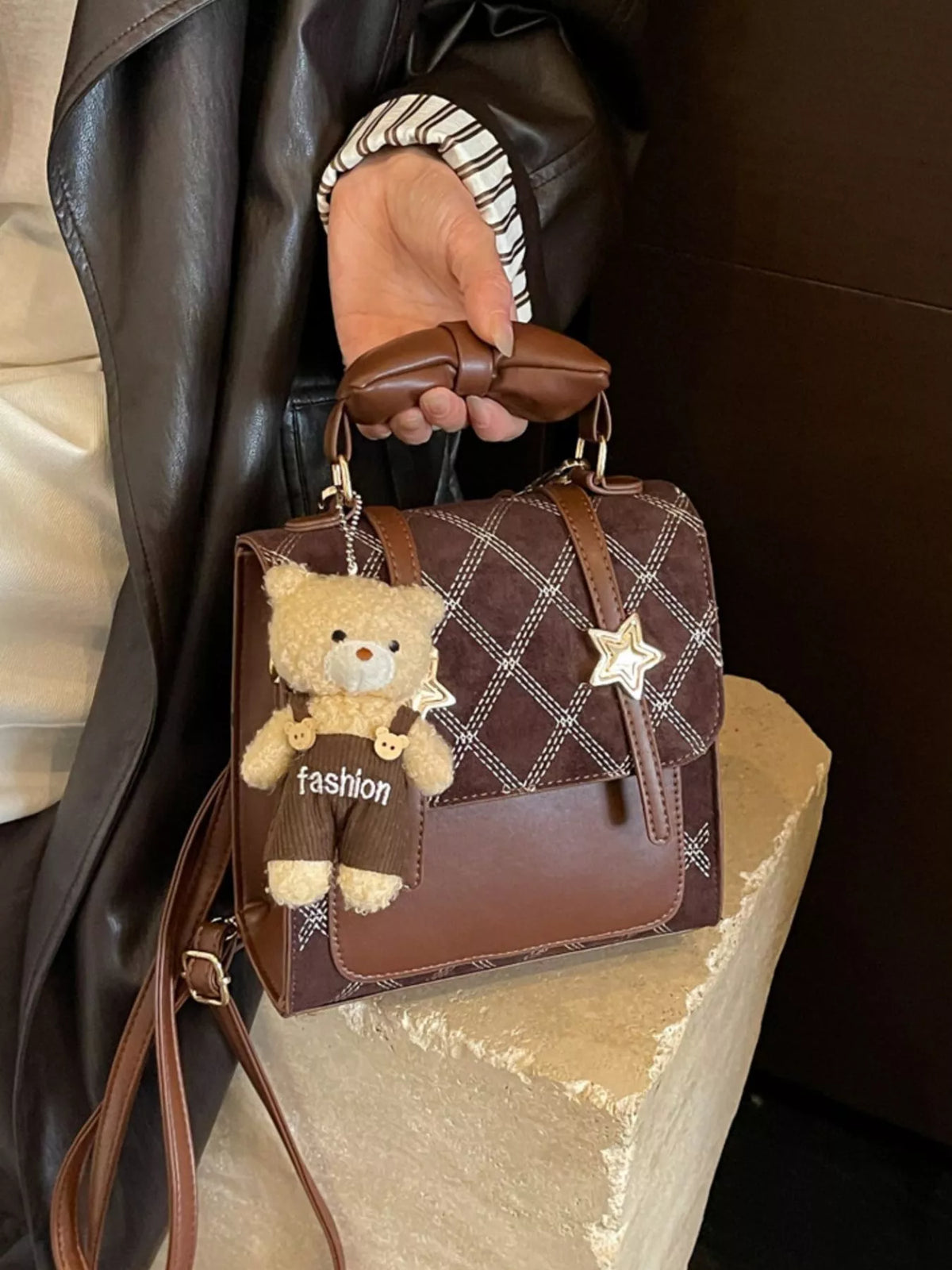 Vintage Diamond Pattern Backpack Bag - Brown - View 2