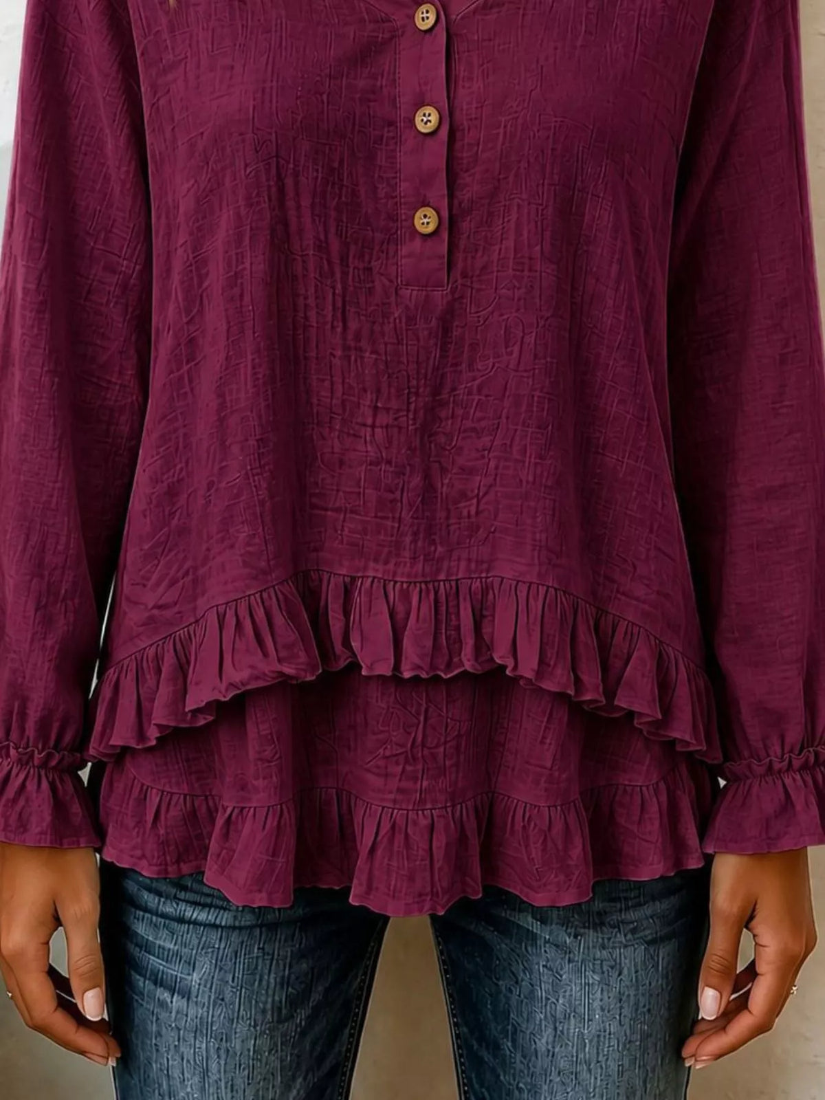 V-Neck Long Sleeve Button Detail Ruffled Hem Blouse - Burgundy - View 3