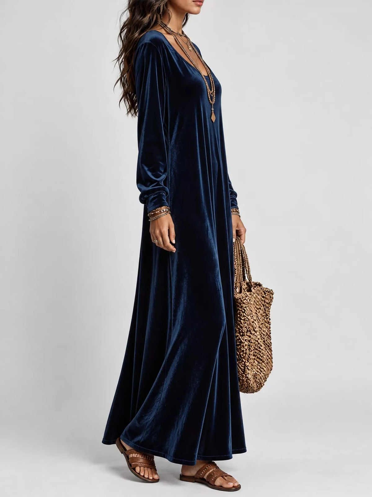 Velvet Long-Sleeve Maxi Dress - Navy - View 2