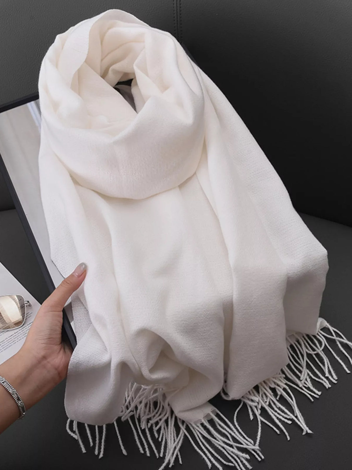 Solid Color Fringe Scarf - White - View 2