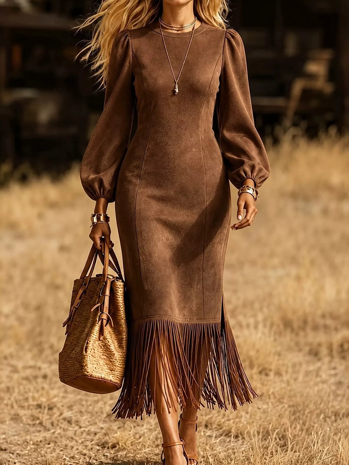Fringe Balloon Sleeve Midi Dress - Coffee Brown - View 5