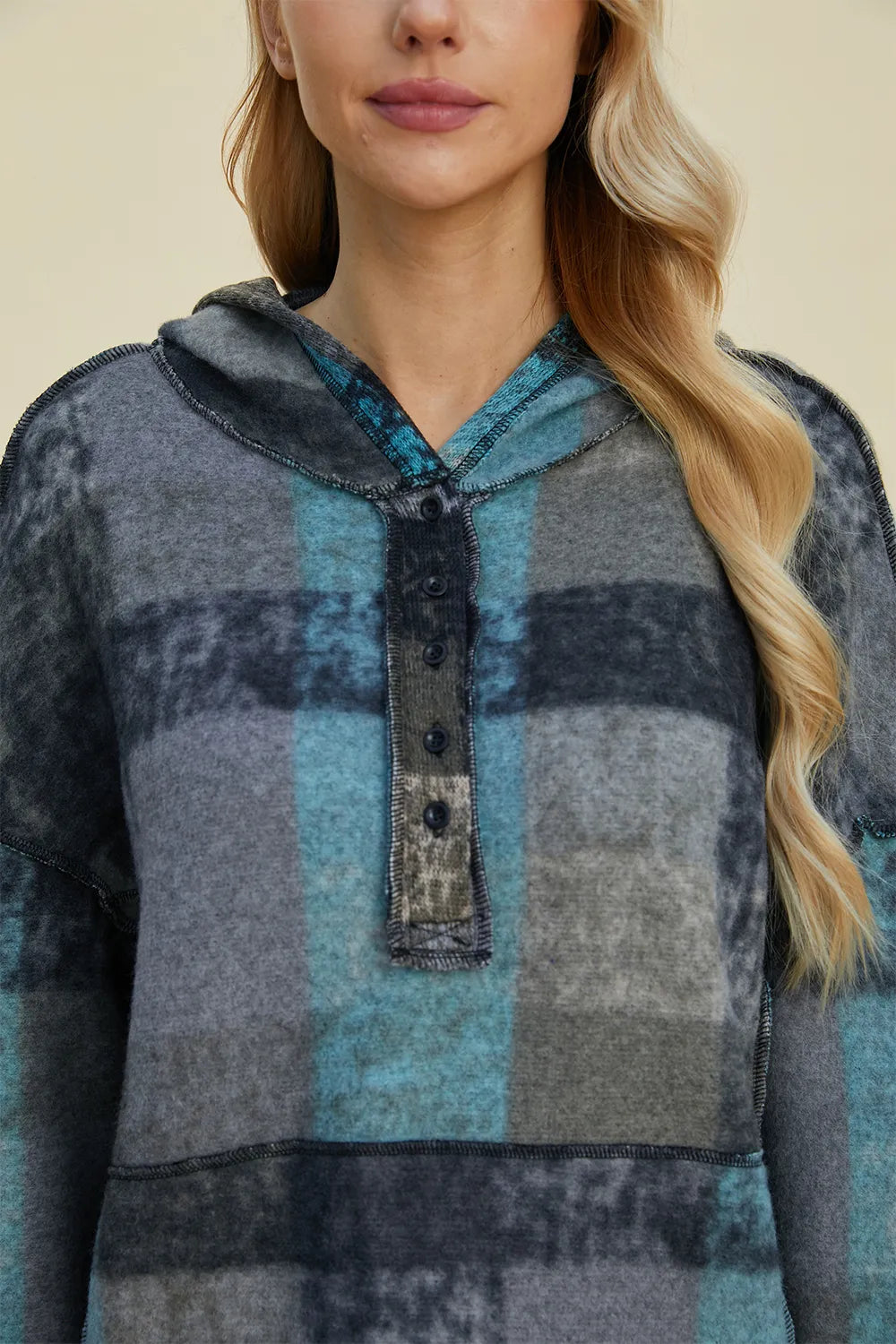 Double Take Full Size Plaid Dropped Shoulder Fleece Hoodie Plus Size - Dark Gray - View 6