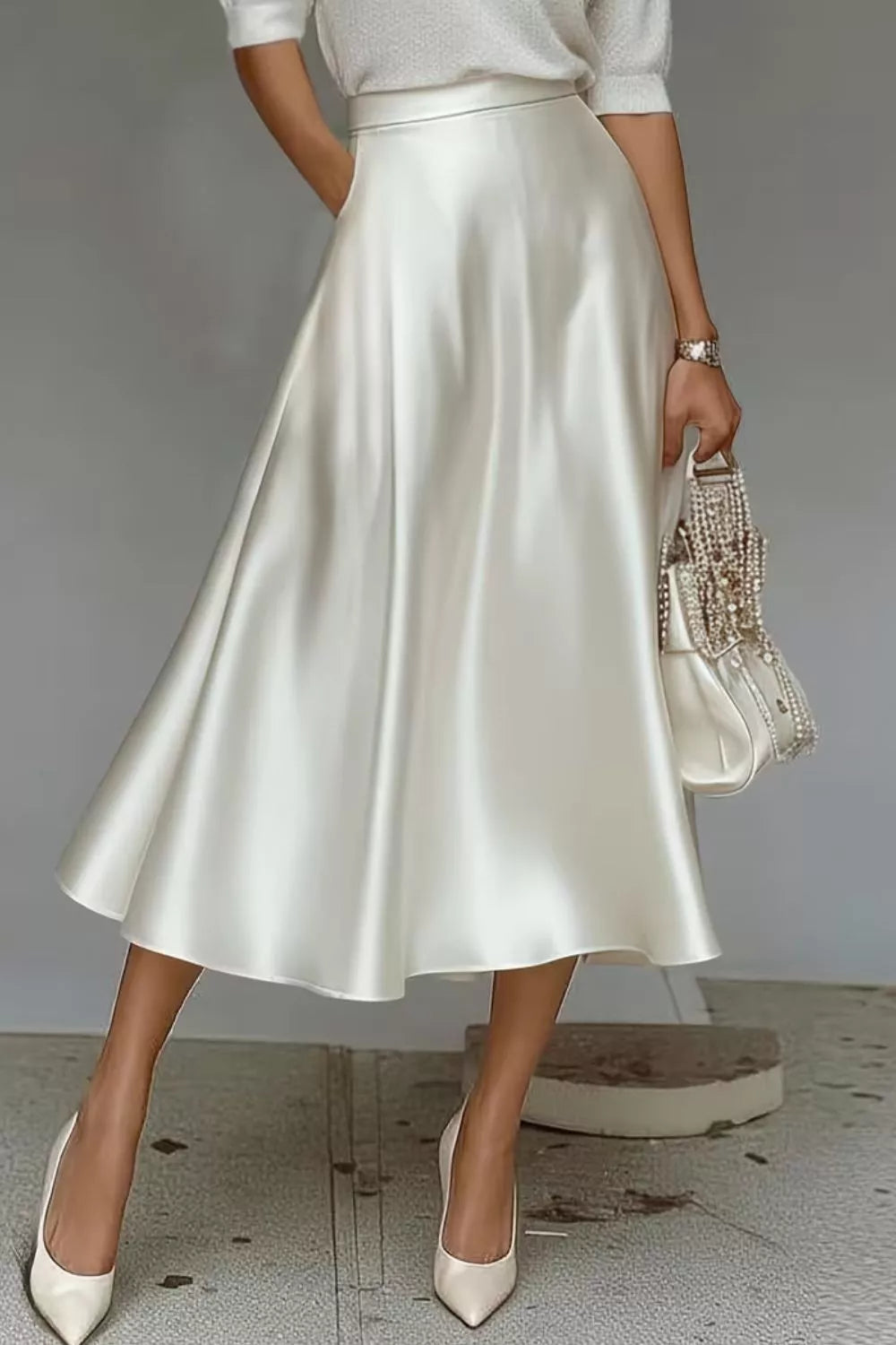 Satin A-Line Midi Skirt - White - View 3