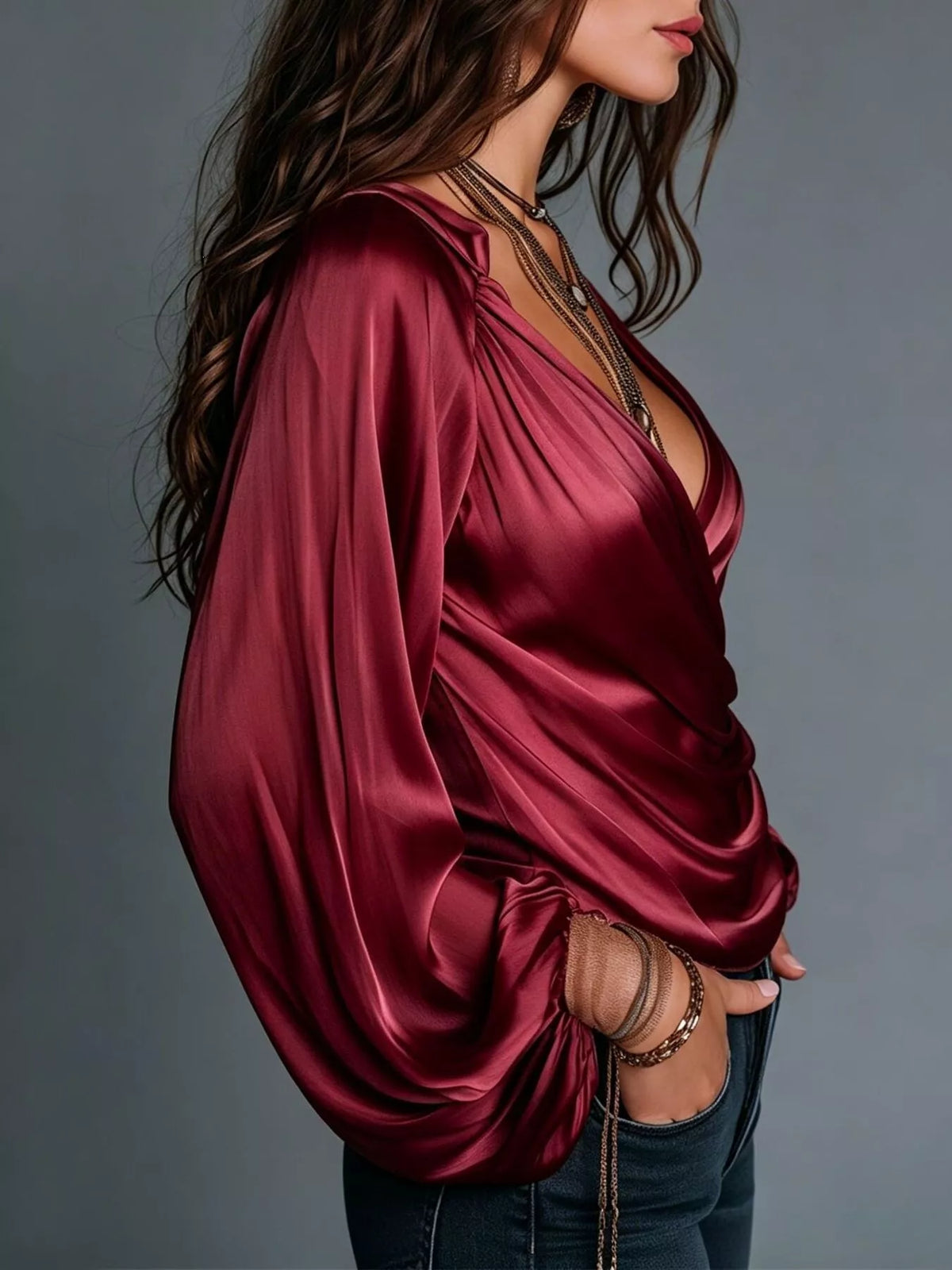 Satin Balloon Sleeve Blouse - Burgundy - View 10