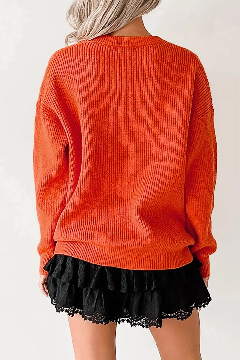 Drop Shoulder Long Sleeve Round Neck Halloween Sweater - Orange - View 9