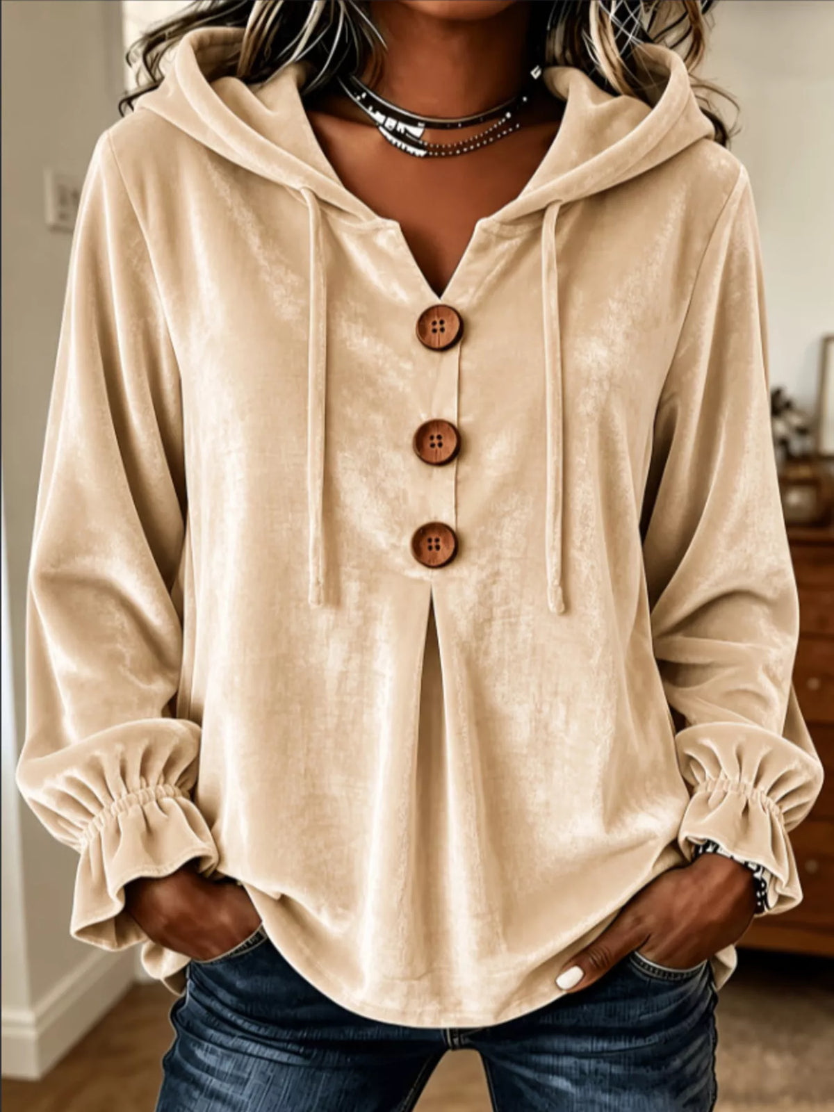 Full Size Decorative Buttons Velvet Hoodie Plus Size - Beige - View 1