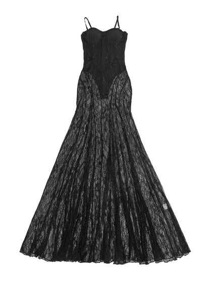 Sweetheart Neck Sheer Lace Maxi Dress - Black - Front Product View