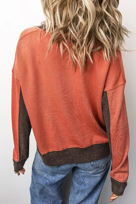 Color Block Long Sleeve Vintage Regular Fit Sweatshirt - Terracotta - View 2