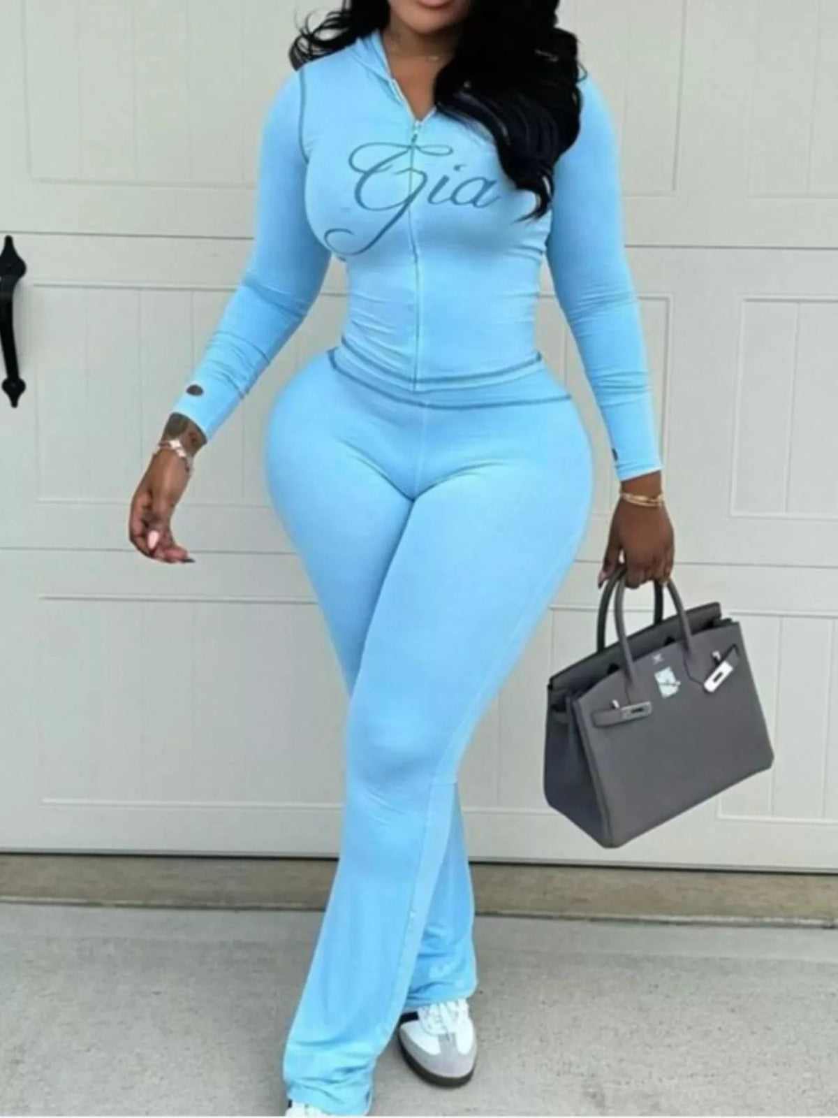 Zip-Up Hoodie and Flare Pants Two-Piece Set