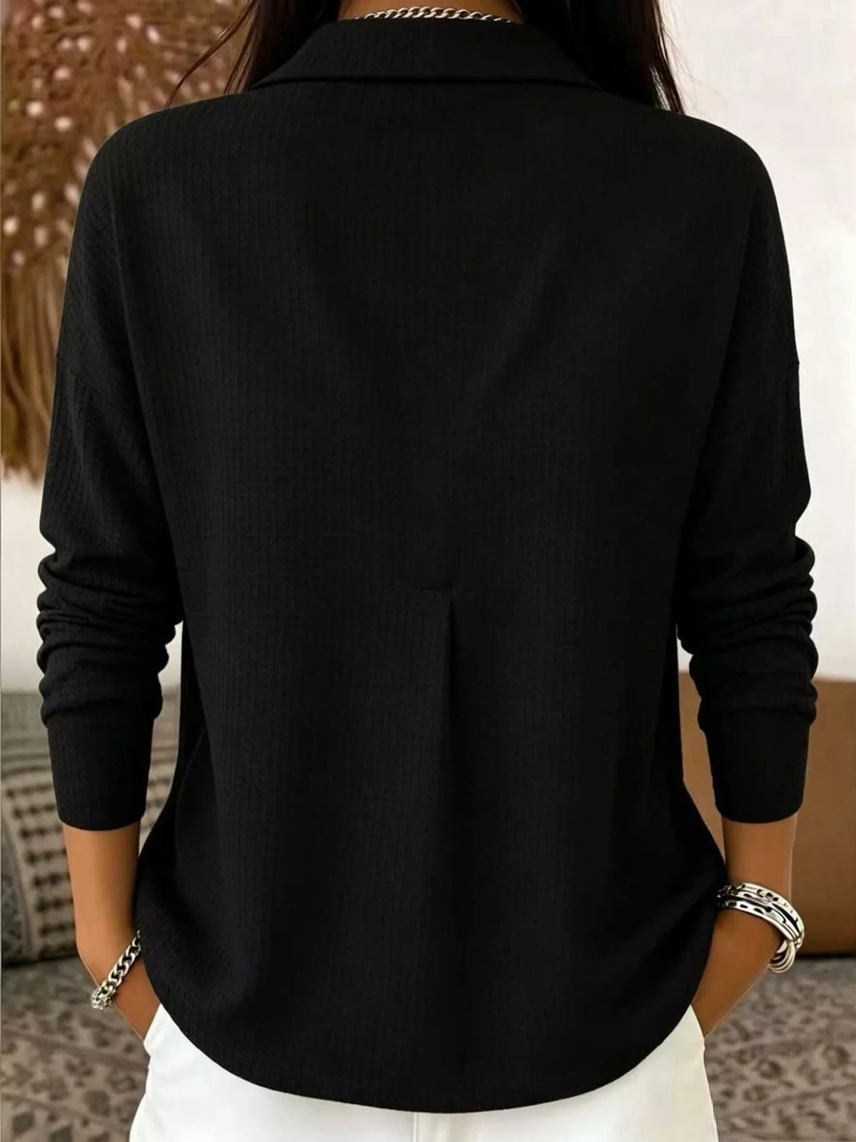 Waffle Knit Snap Down Blouse - Black - View 4