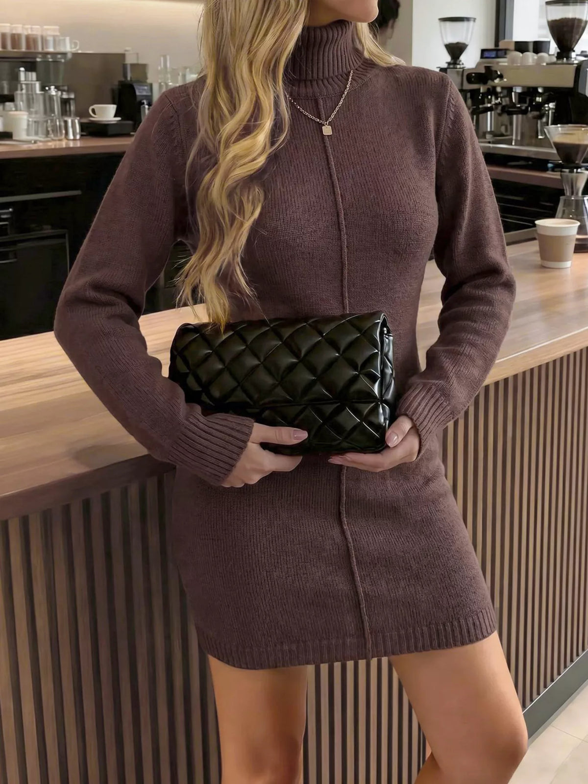 Turtleneck Ribbed Knit Sweater Dress - Brown - View 1