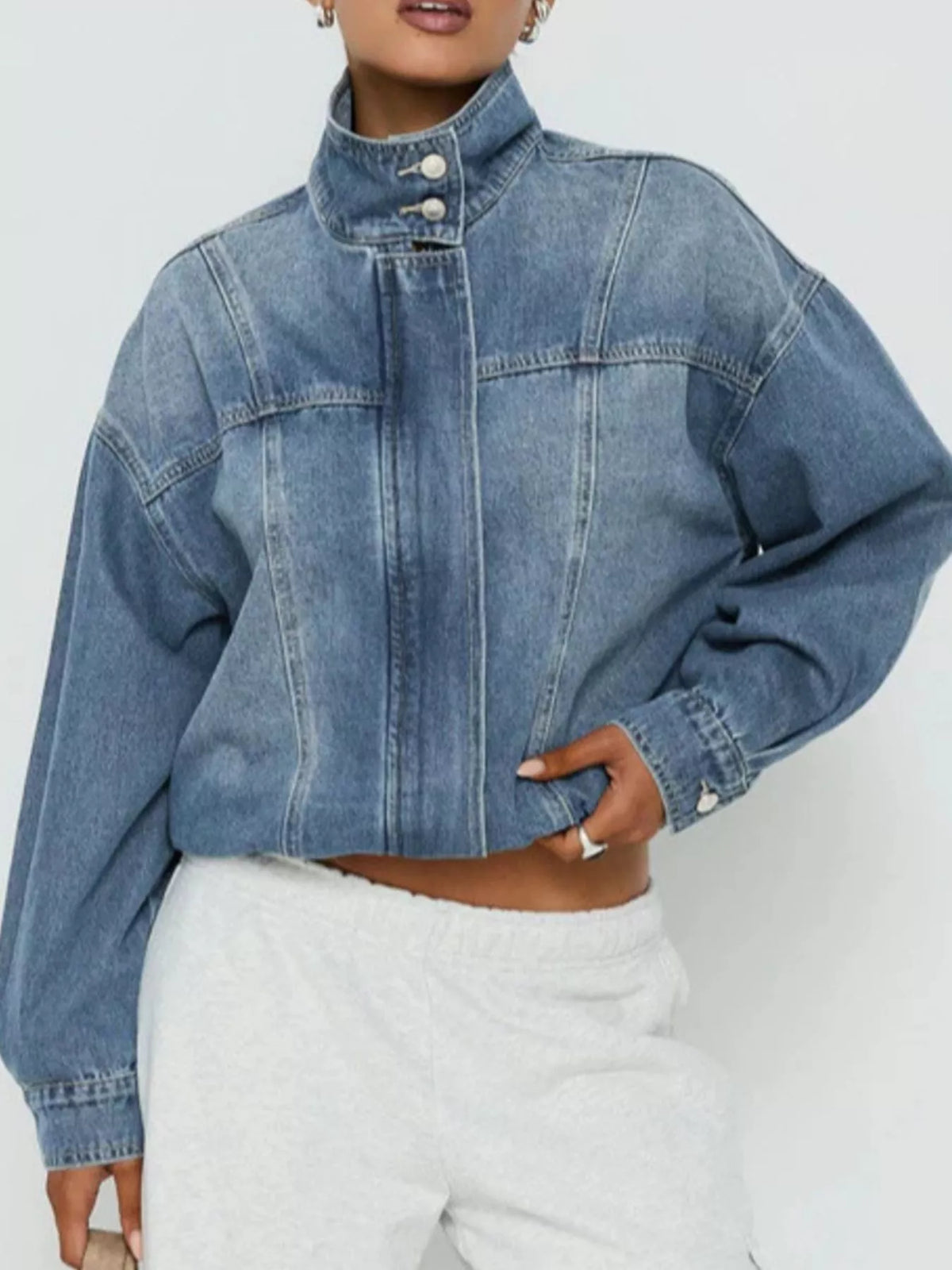Washed Stand-Up Collar Denim Jacket - Blue - View 2