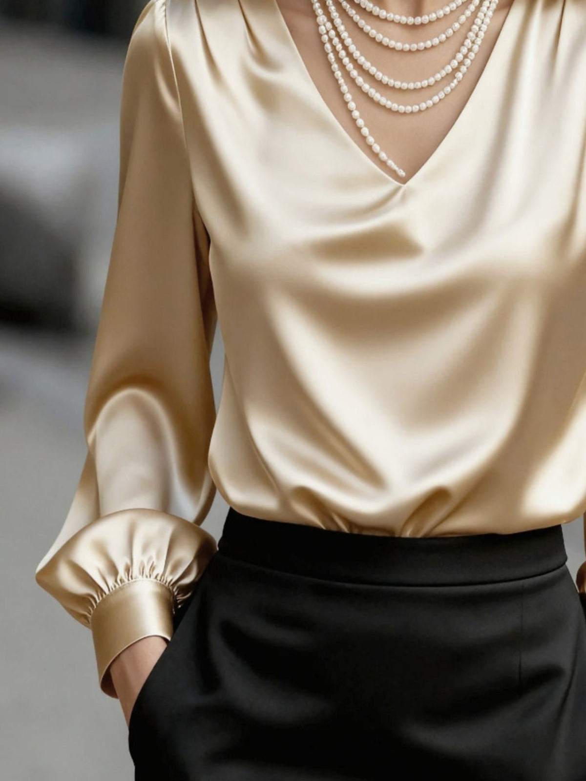 Satin V-Neck Long Sleeve Blouse - Apricot - View 2