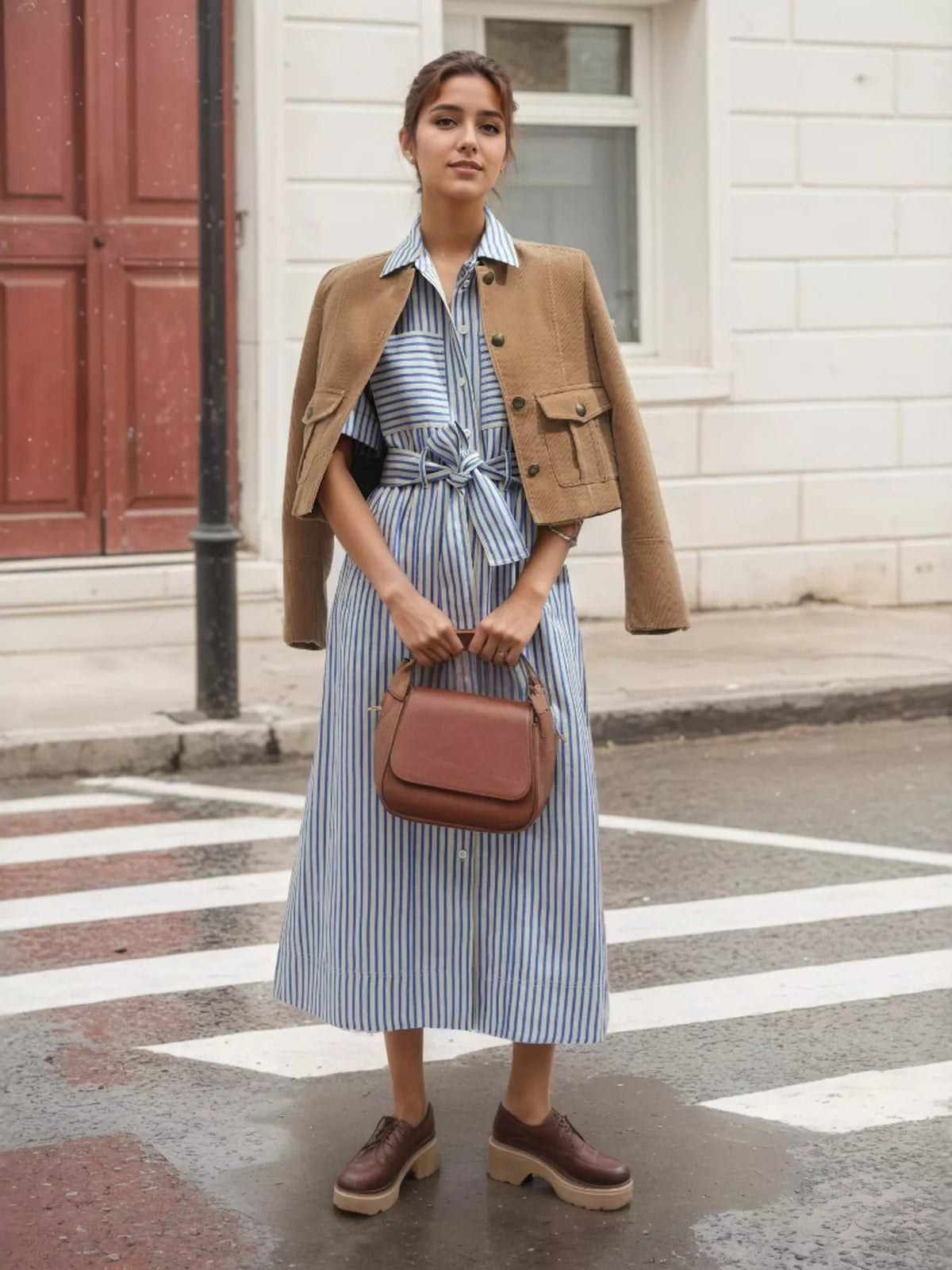 Striped Button Front Shirt Dress - Blue Stripes - View 1