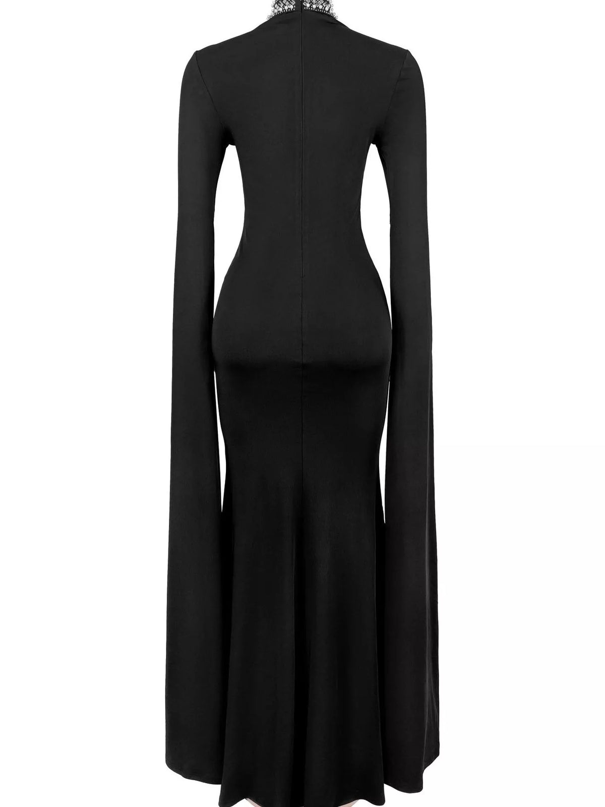 Rhinestone Slit Flare Sleeve Cape Maxi Dress - Black - View 7