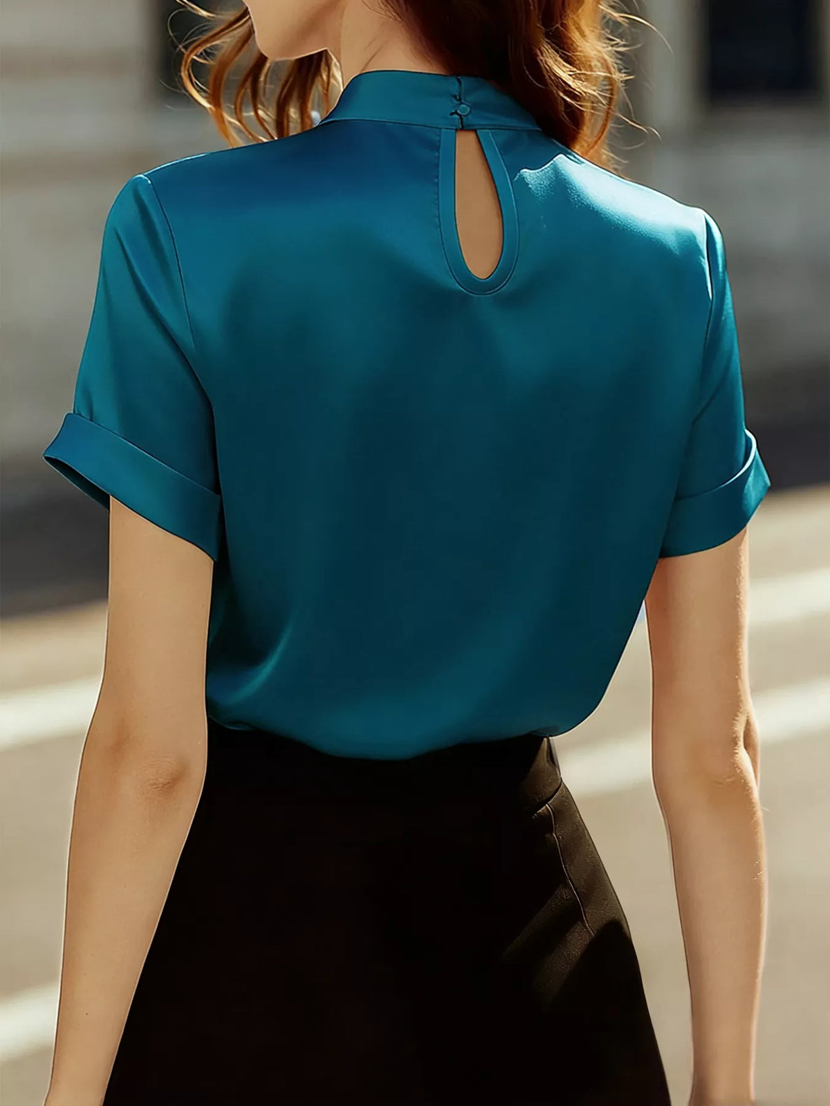 Keyhole Neck Satin Blouse - Peacock  Blue - View 6