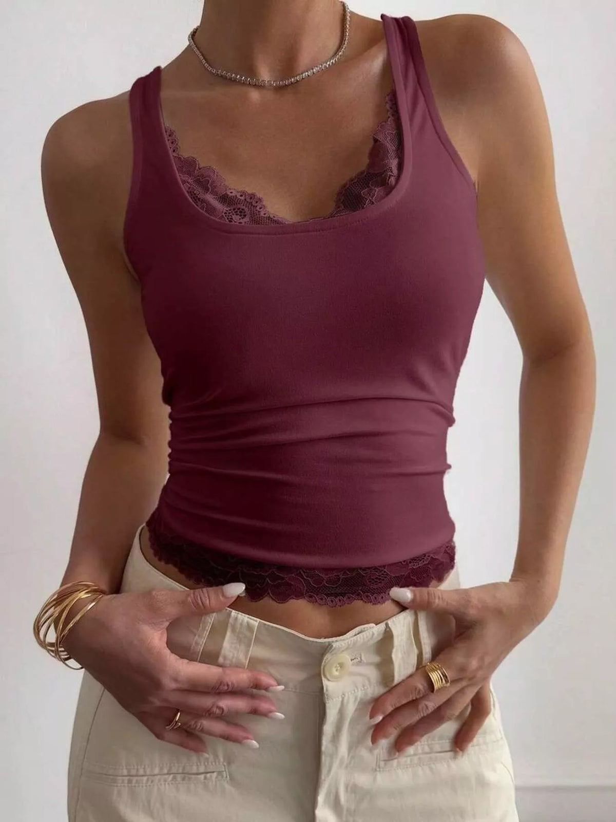 Lace Detail Wide Strap Tank - Burgundy - View 1