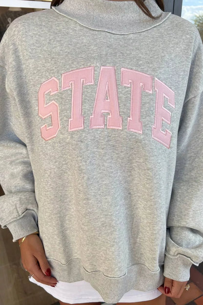 Exposed Seam Mock Neck STATE Letter Graphic Loose Sweatshirt - Gray - View 3