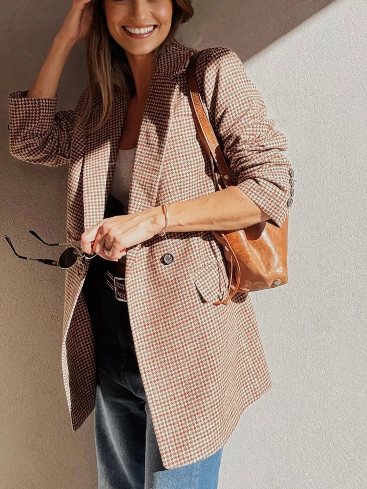Houndstooth Lapel Collar Blazer - Camel - View 2