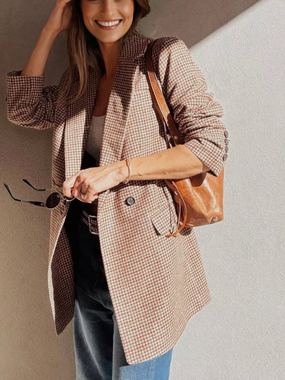 Houndstooth Lapel Collar Blazer - Camel - View 2