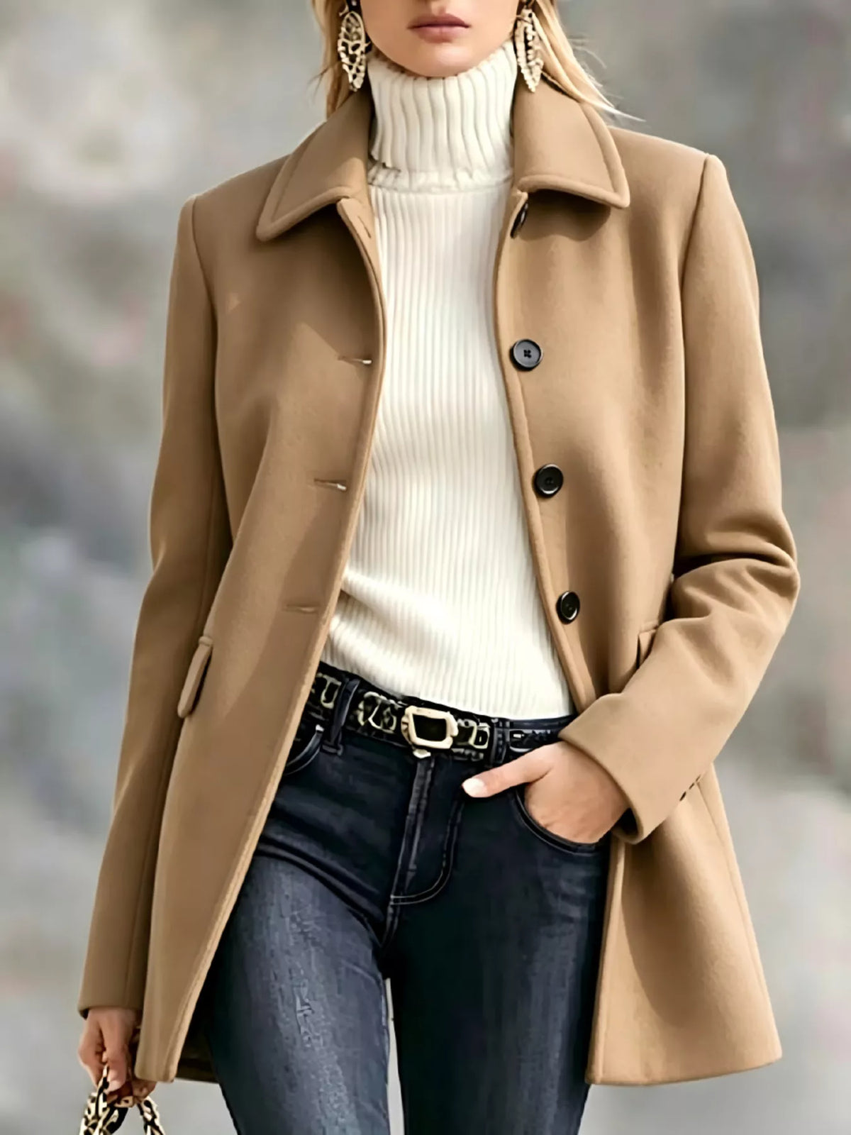 Button Up Collared Neck Coat - Khaki - View 1