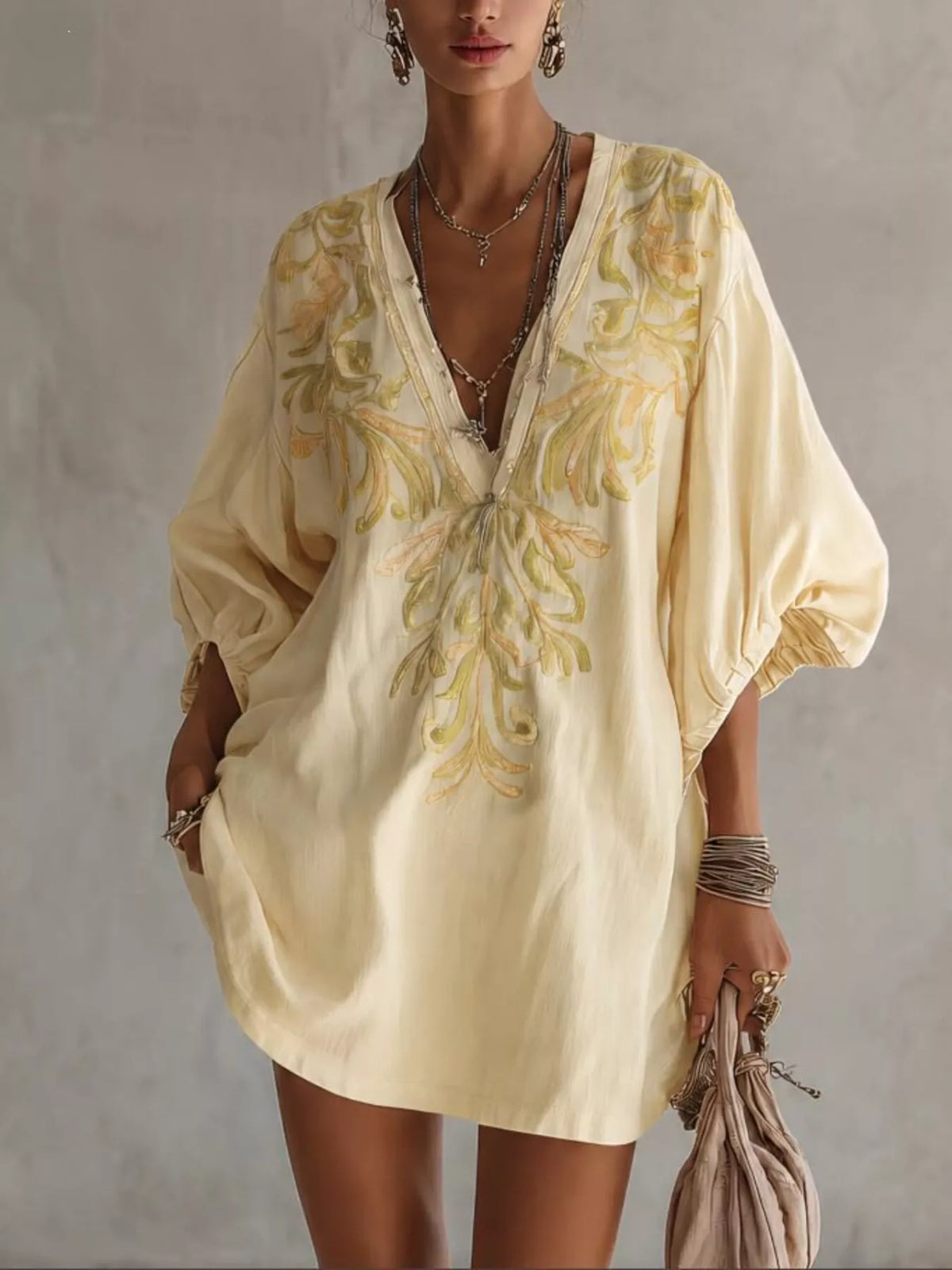 Full Size Embroidered V-Neck Mini Dress Plus Size - Pastel Yellow - View 1