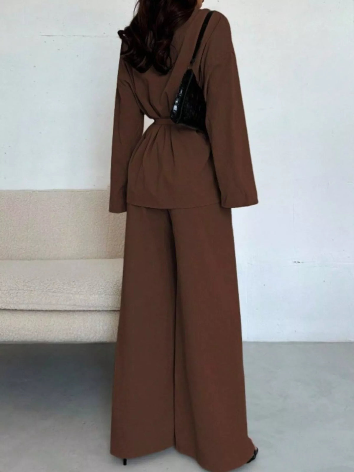 Front Tied Shirt and Wide-Leg Pants Set - Dark Brown - View 15