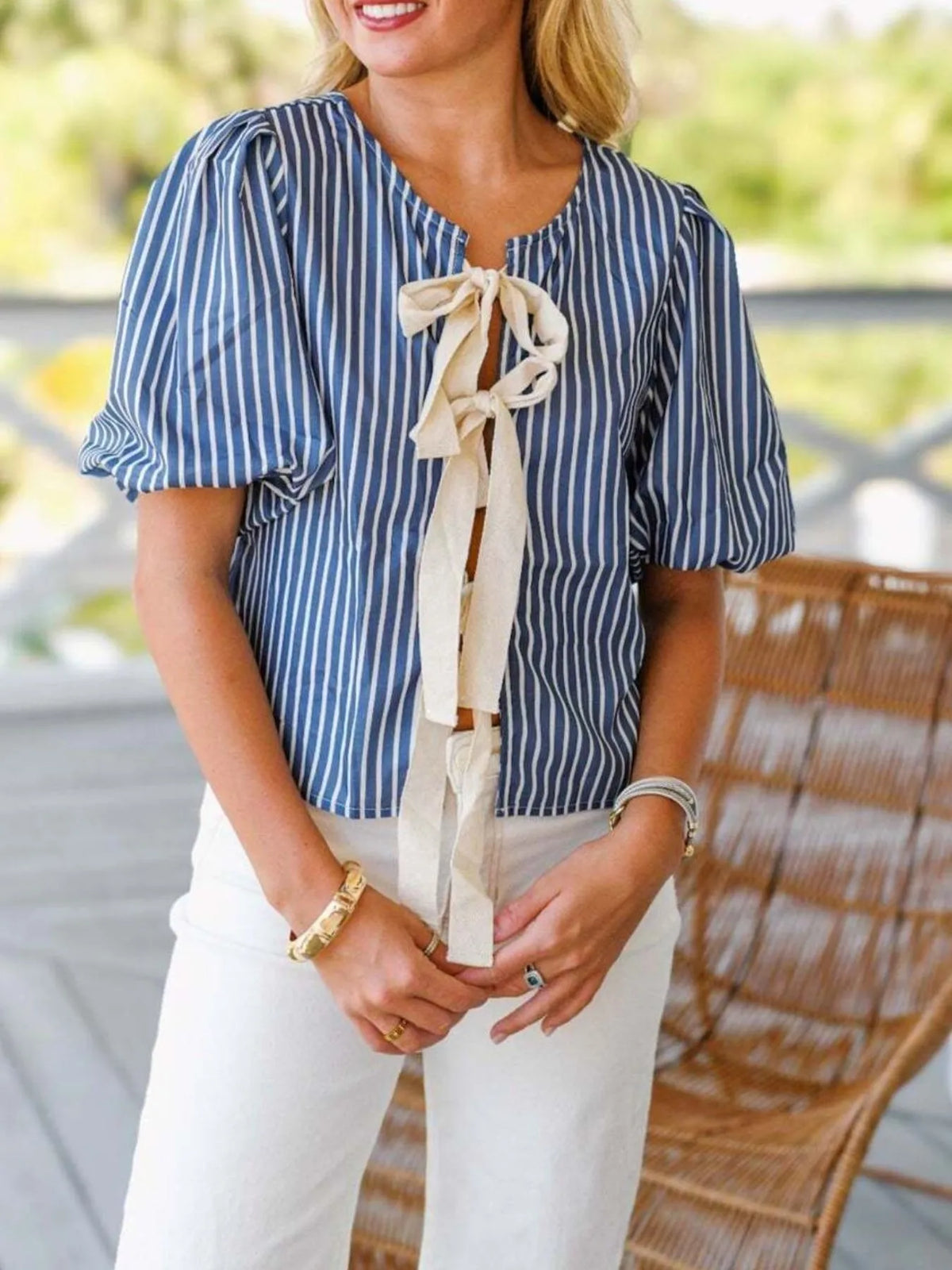 Tie Front Puff Sleeve Striped Blouse - Blue Stripe - View 2